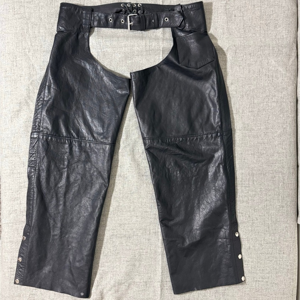 Hot Leathers Men Black Leather Motorcycle Chaps XL Biker Riding Gear Belted Snap - Picture 8 of 8